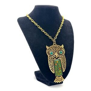 Vintage Articulating Owl Pendant Necklace Gold Tone Oval Green Large Gold Crown
